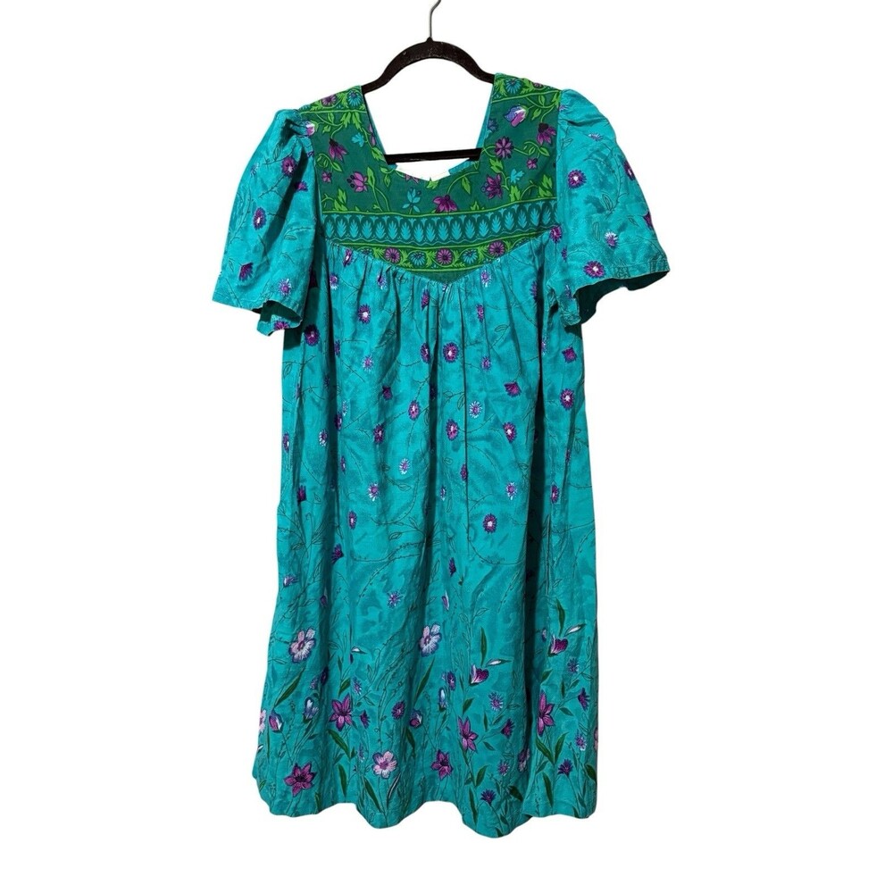 Fundamentals Cotton Floral Dress Teal Puff Sleeve Cottagecore Medium